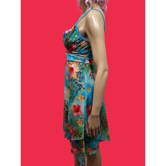 90s Y2K Tropical Floral Mesh Dress Size L Sleeveless Spaghetti Strap V Neck - Picture 4 of 6